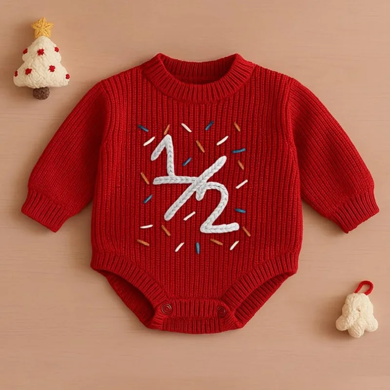 Personalized Baby Romper Hand embroidered 1/2 Birthday Sweater Romper Birthday Baby Outfit Baby First Birthday Knitted Outfit