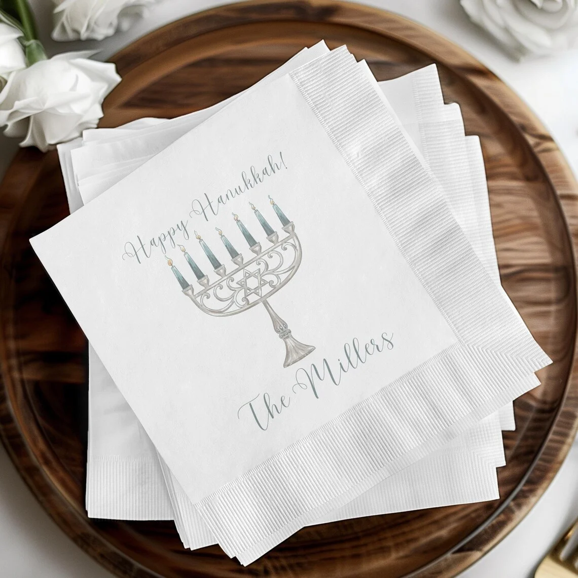 

10pcs Personalized Hanukkah Beverage Napkins Menorah Design Custom Hanukkah Party Supplies Hanukkah Family Table Decoration