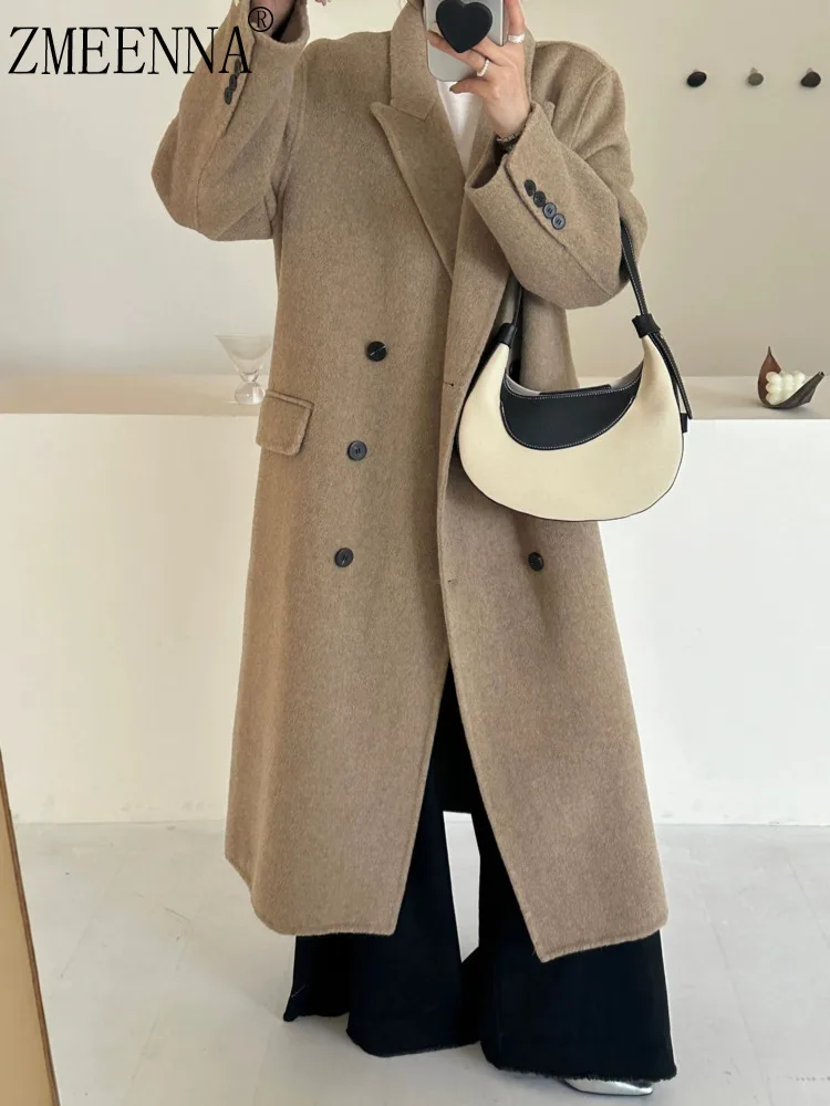 

ZMEENNA Women's Long Double Breasted Wool Coat Classic Notched Lapel Full Length Winter Overcoat With Button Details ZM4020
