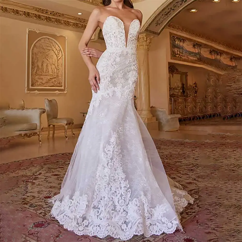 

V Neck Sleeveless Lace Applique Mermaid Backless Wedding Dress for Brides Formal Bridal Gowns Bride Dress for Wedding Party