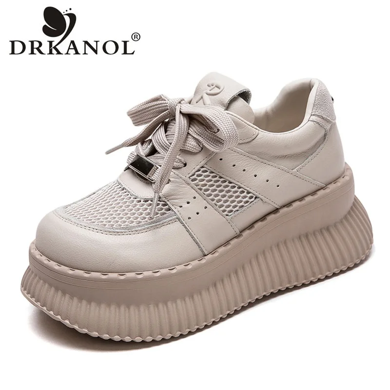 DRKANOL Fashion Women Wedges Heel Height Increasing Shoes Summer Genuine Leather Air Mesh Breathable Thick Sole Platform Shoes