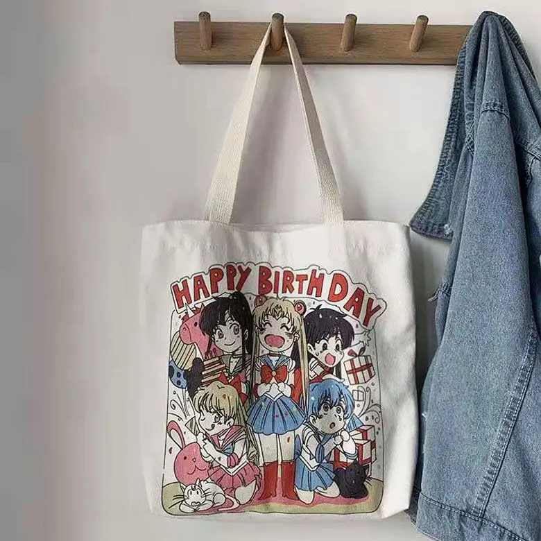 Kawaii Sailor Moon Cartoon Funny Shopping Bag Tote Canvas Large Capacity Shoulder Bag Female Printed Student Schoolbag