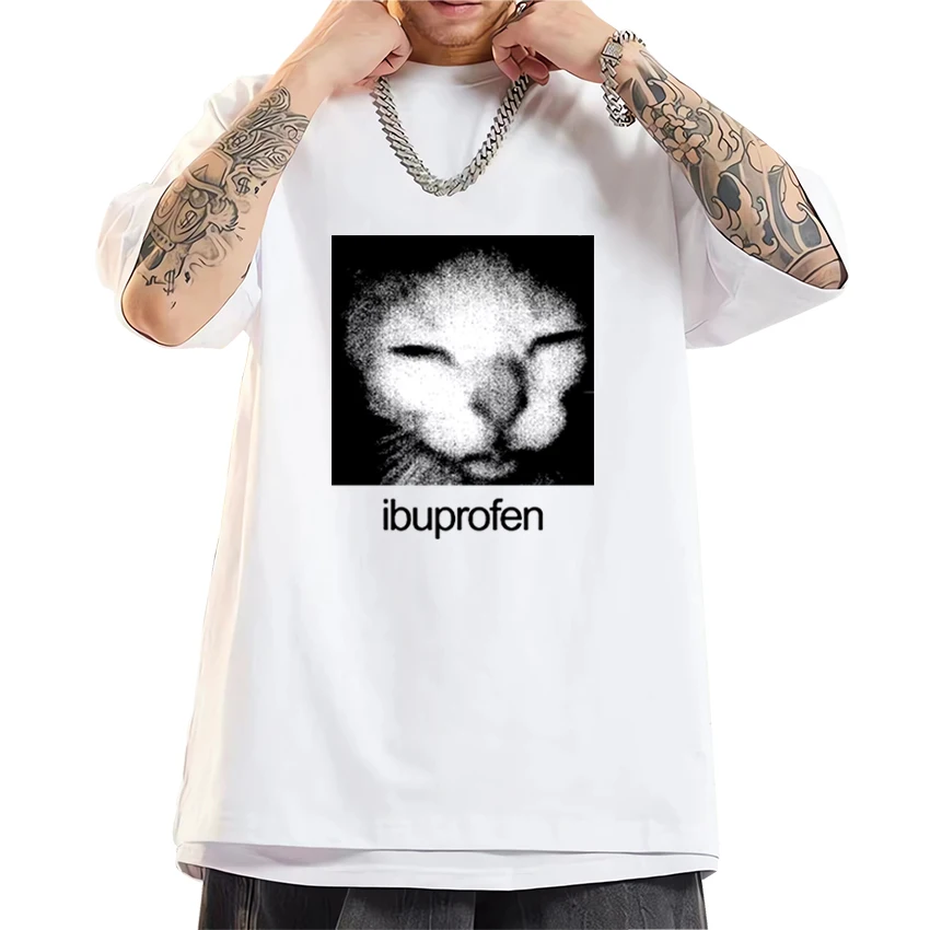 

Summer Funny Ibuprofen Cat Meme Graphic T Shirts Men Women harajuku vintage White short sleeve T-shirt Unisex 100% Cotton Tops