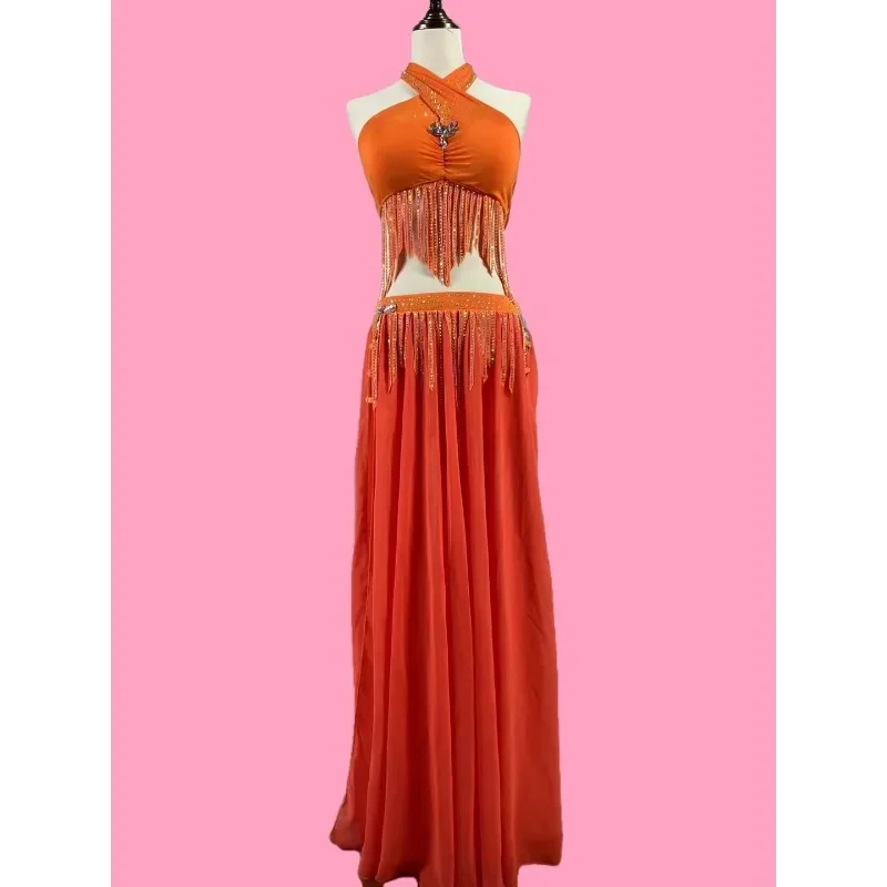 

customized orange fringe belly dancewear practice suit set bellydance costume samba carnival costumes indian clothes women