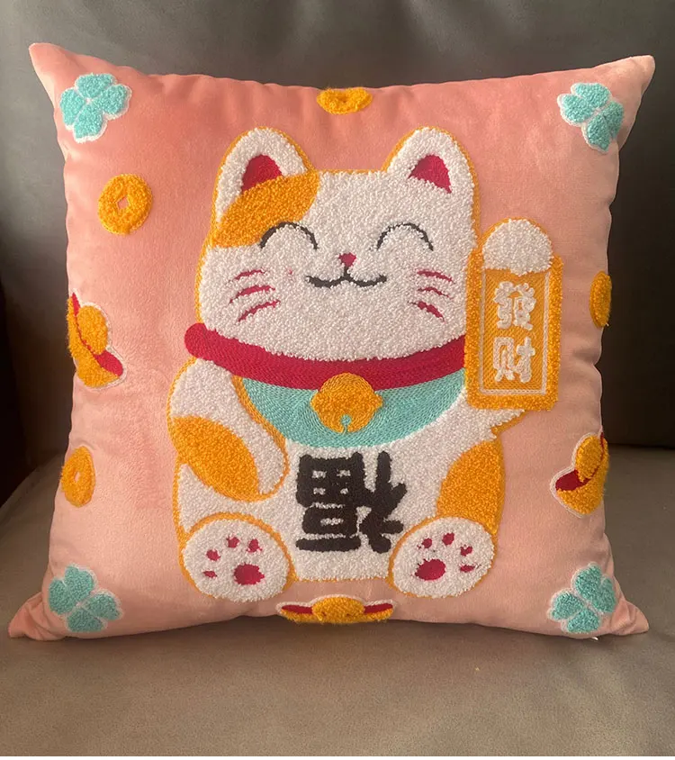 Cartoon Lucky Rich Cat Embroidered Pillowcase Back Cushion Cover Sofa Home Decor Kids Child Gift