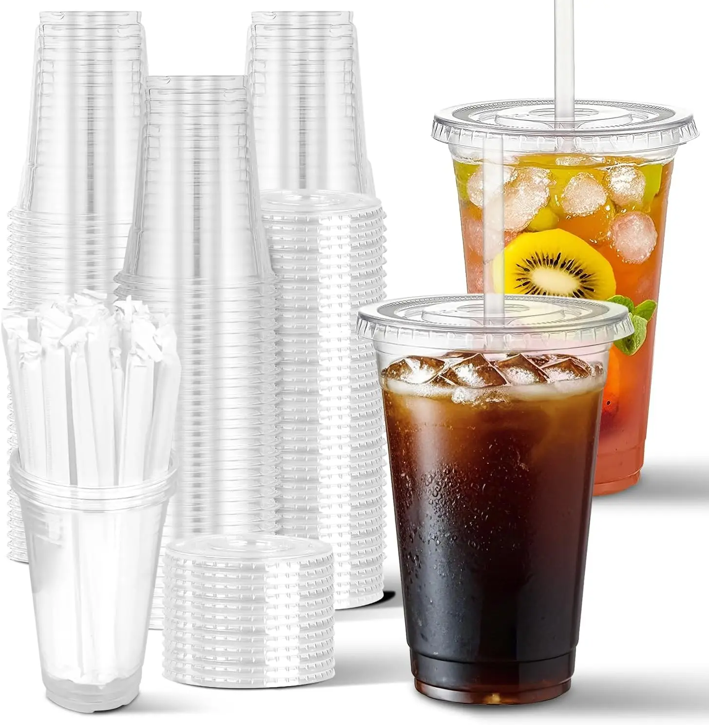 

100 Sets 20 oz Clear Plastic Cups with Lids & Straws, Disposable for Cold Drinks, Iced Coffee, Smoothies