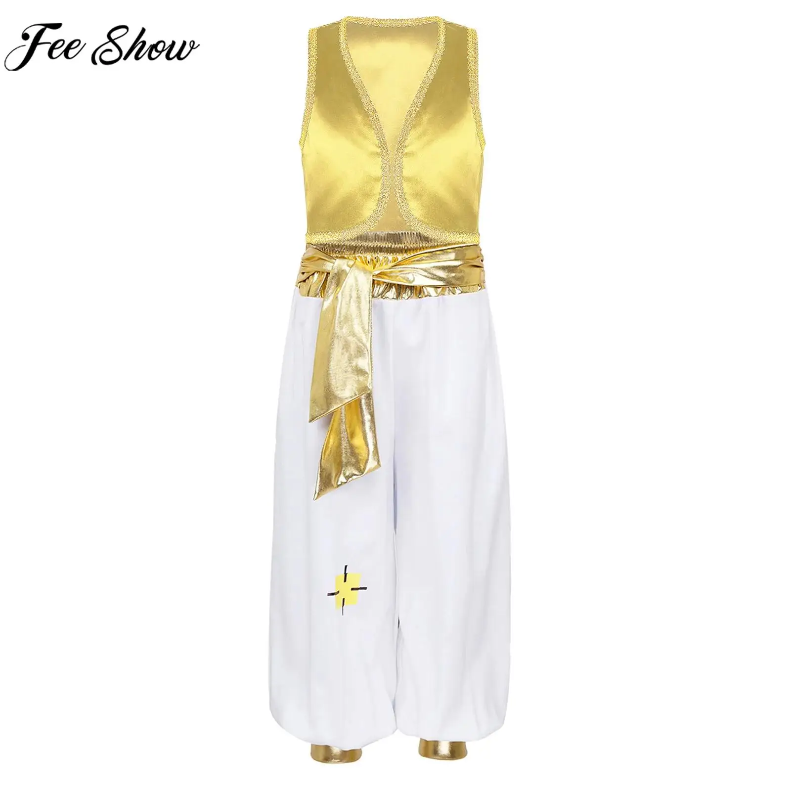 Teen Boys Arabian Prince Cosplay Costume Sleeveless Cardigan Vest Waistcoat with Pants for Halloween Party Carnival Performance