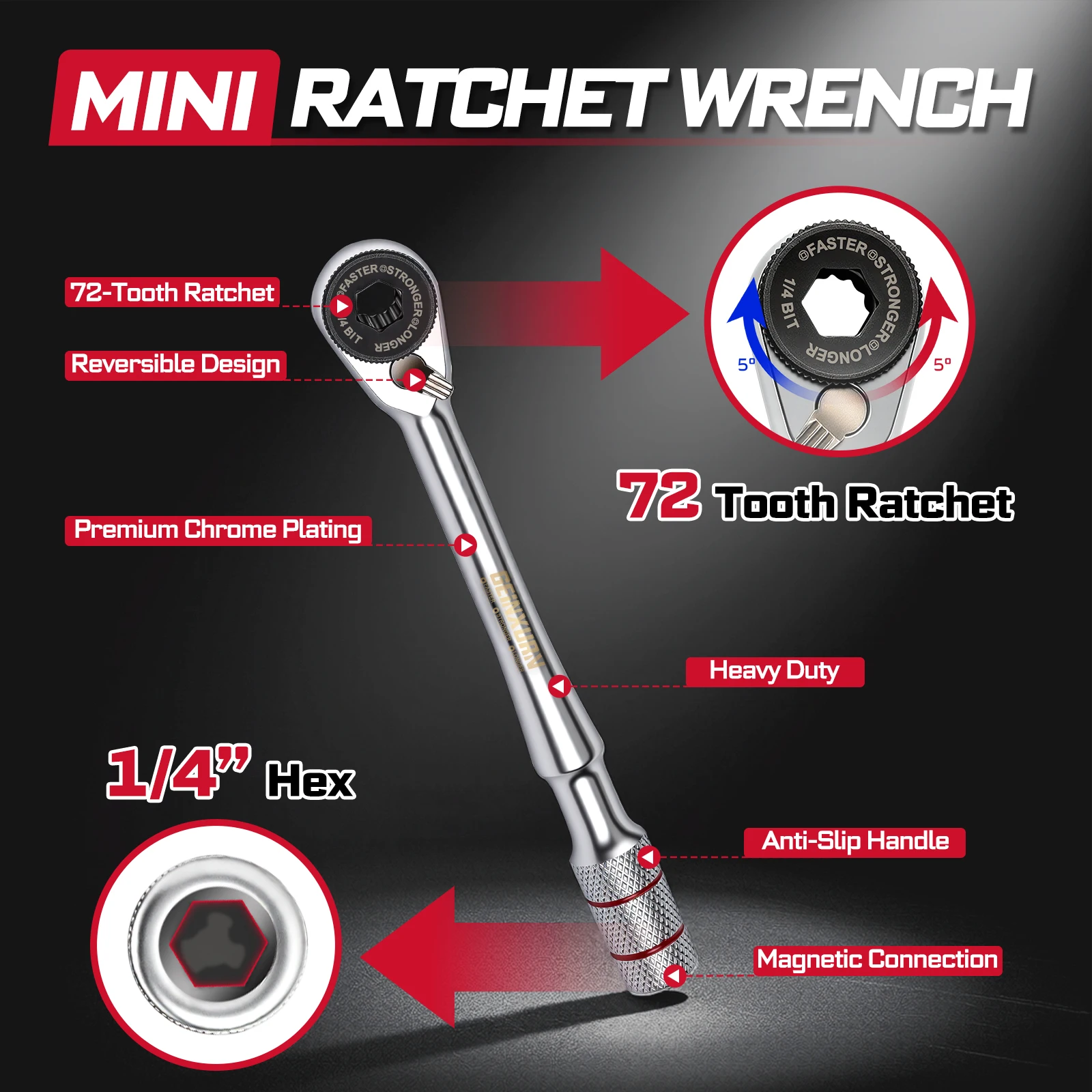 Geinxurn 1/4-inch Ratchet Wrench Set, with 2.56' Heavy Duty Socket, 1' Magnetic S2 Steel Bits Set with Color Coded Base for DIY