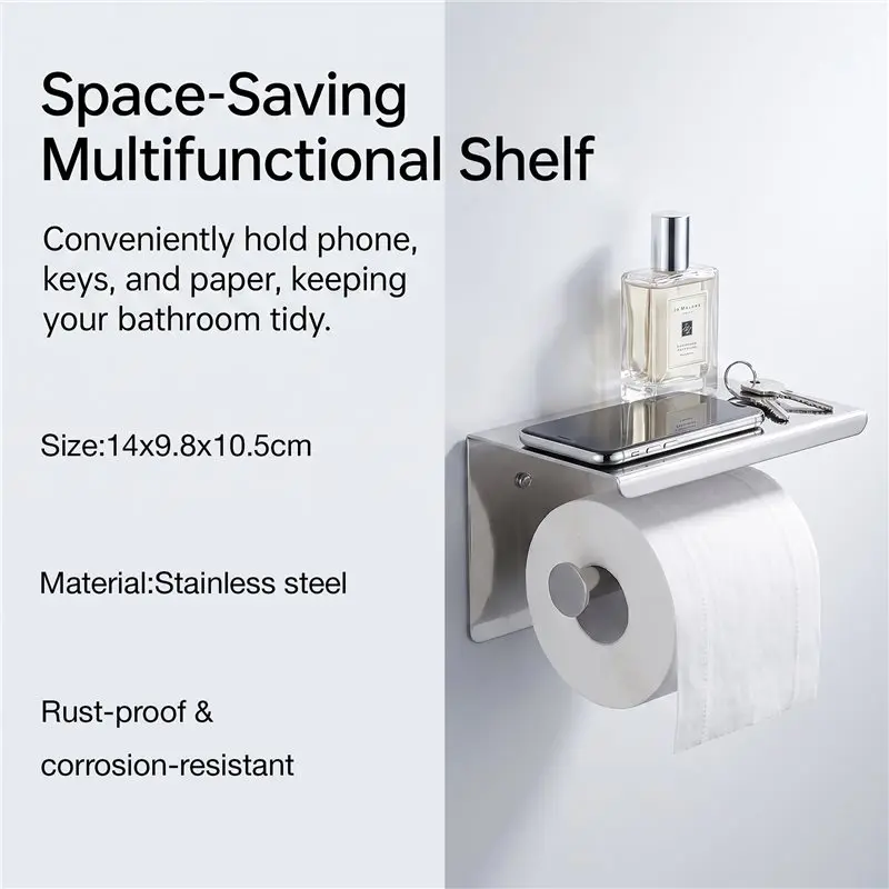 Exquisite-SUS 304 Stainless Steel Toilet Paper Holder With Phone Shelf, Bathroom Tissue Holder Toilet Paper Roll Holder