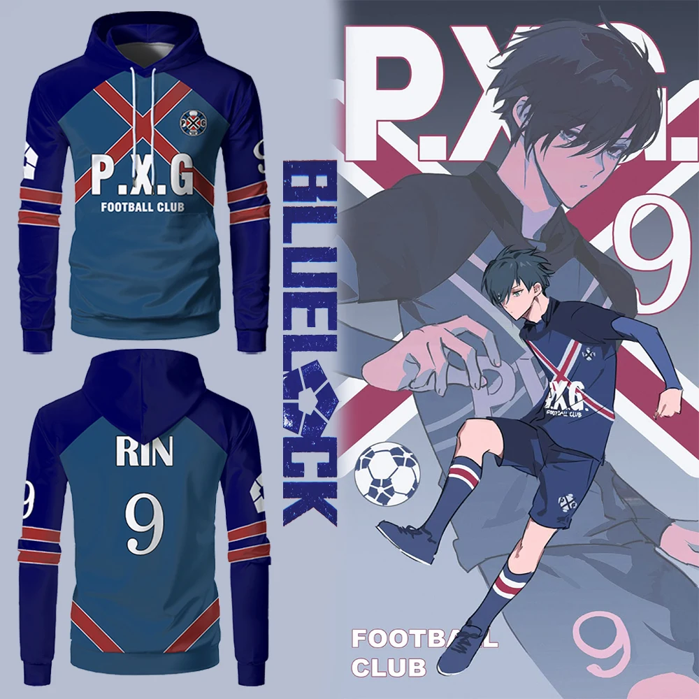 

Japanese Anime Blue Lock PXG Team Uniform Hoodie Cosplay No. 9 RIN Jersey Men's Breathable Sweatshirt Unisex Long-sleeved Tops