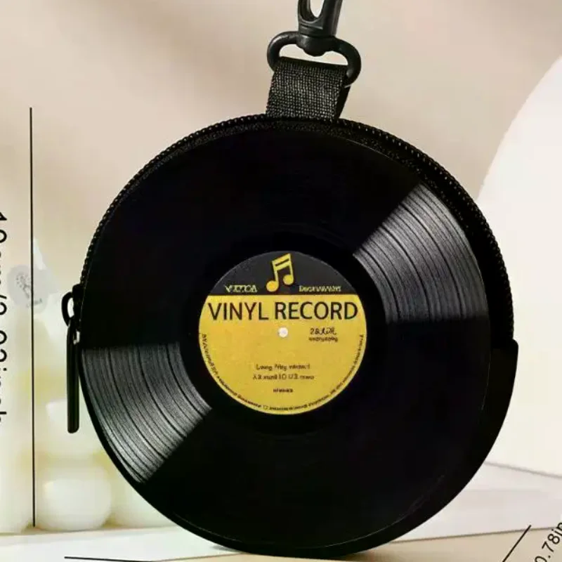 Novelty Retro Vinyl Record Coin Purse Smooth Zipper Hanging Hook Durable Small Pouch for Earphone Coins Travel Commute