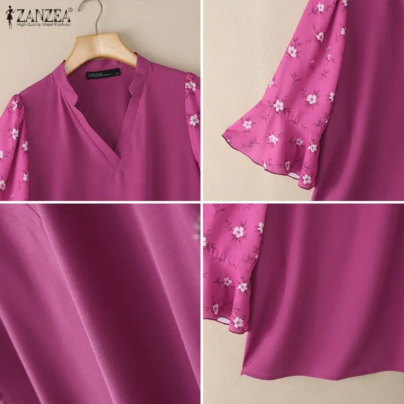 Primavera 2026 Camicette eleganti Donna Scollo a V Stampato floreale Manica a 3/4 Top larghi Estate Casual e Giorno ZANZEA Abbigliamento donna 3XL