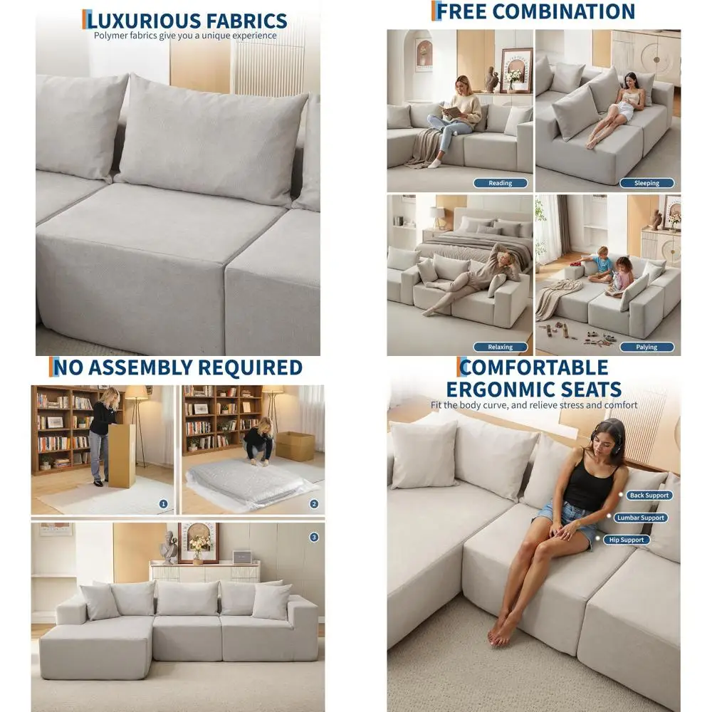 

Стильный секционный диван в стиле Cloud с левым шезлонгом для гостиной, не требует сборки, бежевый