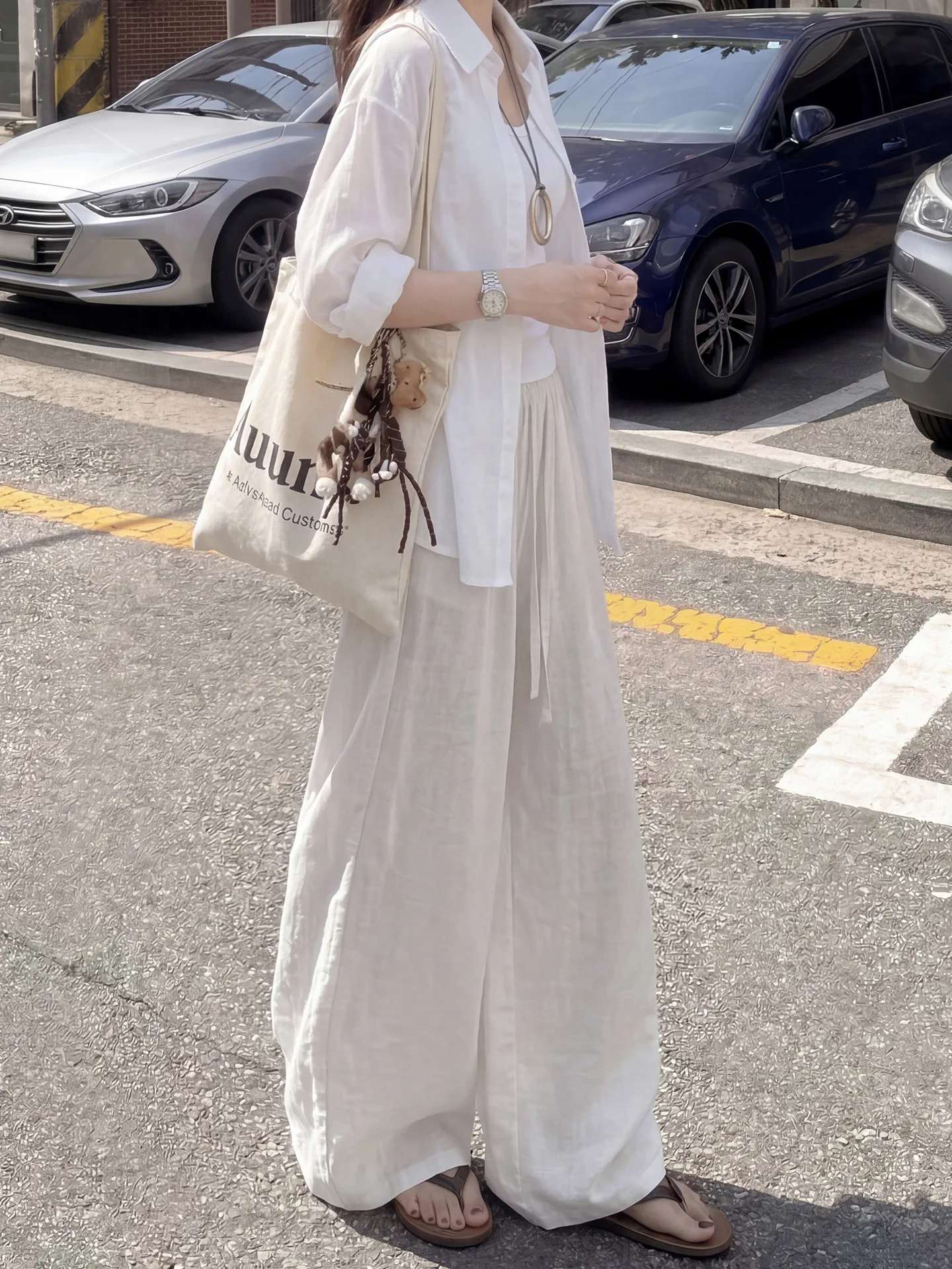 White Linen Blend Wide Leg Pants Women Summer Thin Breathable Casual Trouser Woman Lightweight Loose Elastic Waist Long Pants