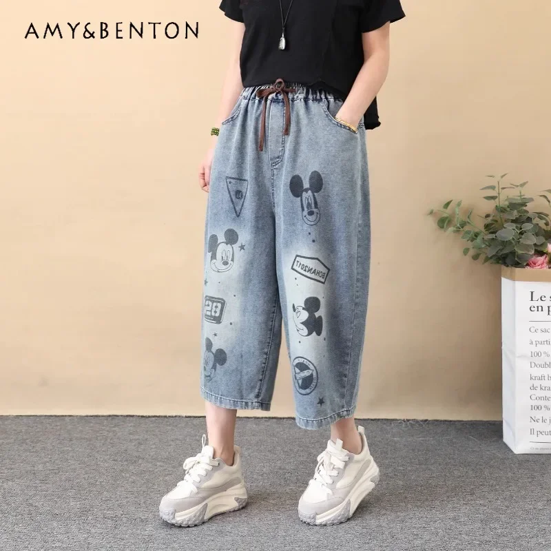 Summer Retro Polished White Cartoon Printed Denim Pants Loose Oversize Straight Eight-point Harlan Pants Y2k Thin Jeans Trousers