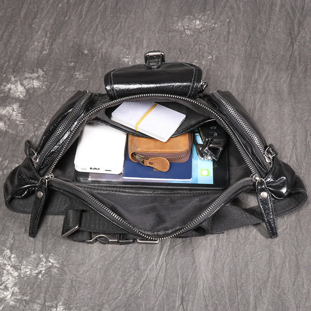 Men's Top Grain Leather Multifunctional Crossbody Bag, Motorcycle Chest Pack for Outdoor Leisure, Compatible