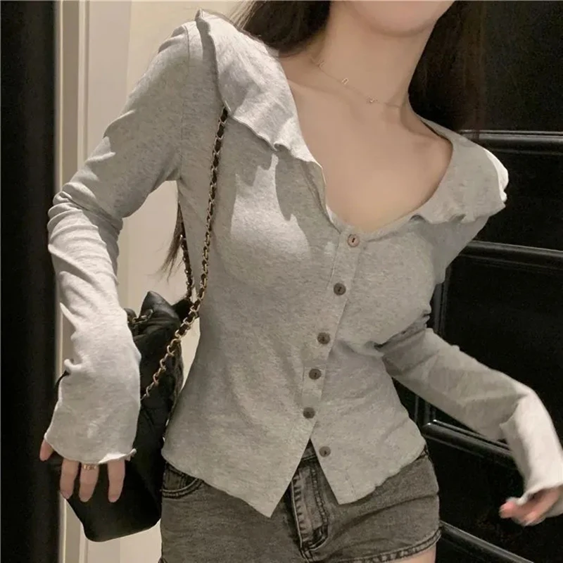 Korean Ribbed Women T Shirt Autumn Sweet Collar Slim Long Sleeve Crop Top Harajuku Single Breasted Ladies Bottoming Tees
