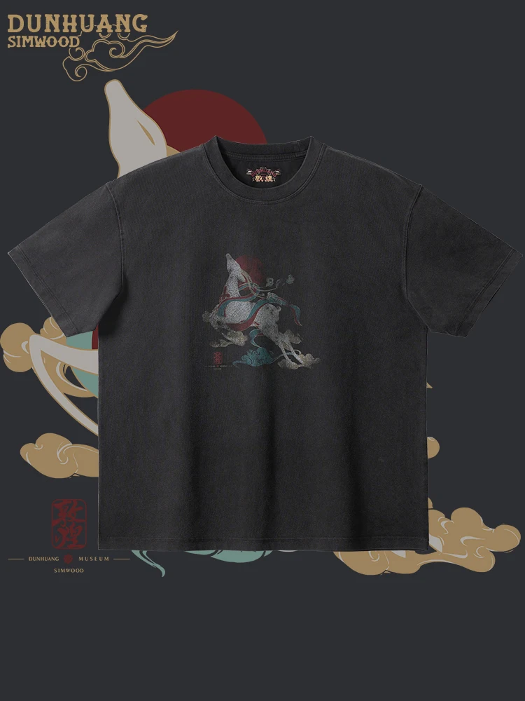 SIMWOOD × Dunhuang Museum 2024 Summer New 【Short Length】240gsm Dark Washed Vintage Chinese Ancient Murals Print T-shirts Men