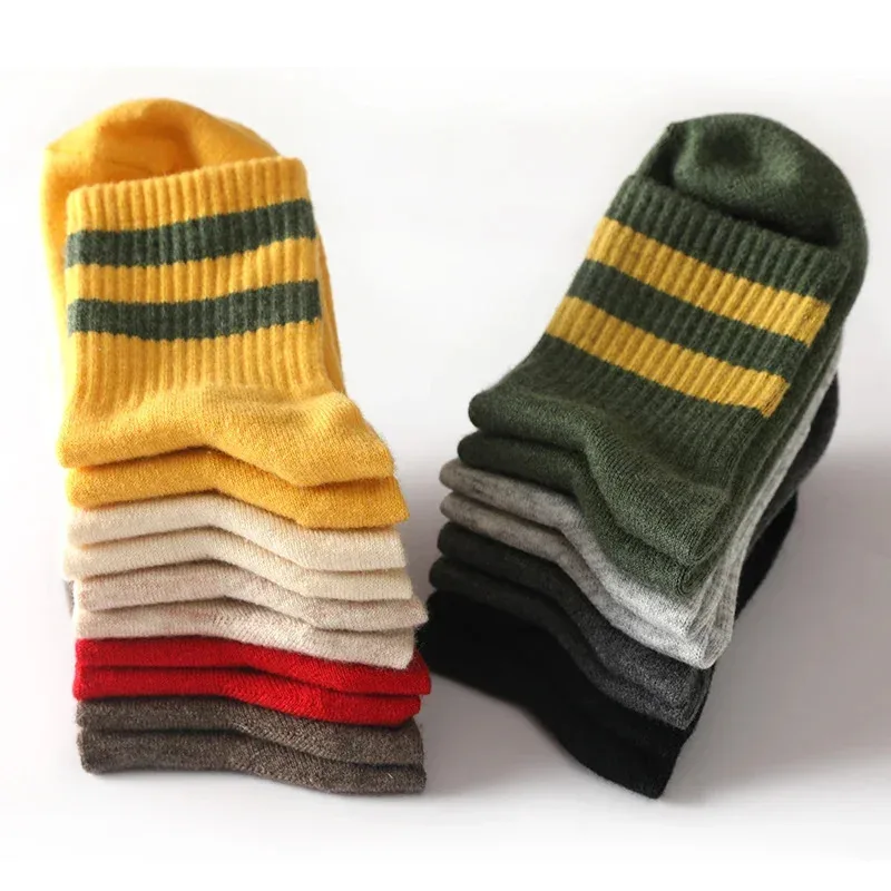 5 Pairs Sets Winter Cashmere Socks Women's Stripes Wool Knitted Unisex Warm Lightweight Soft Sock Christmas Gift