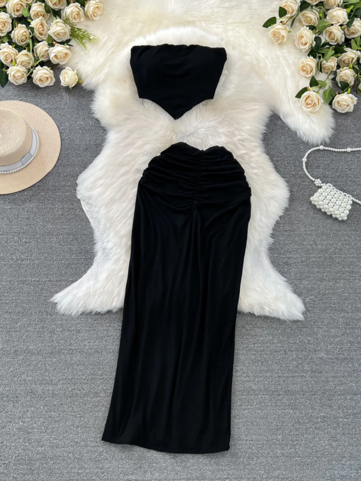 

Faionable Women's Sweet Spicy Set with Chest Pad Bodycon Asymmetrical Vest High Waist Hip Covering Skirt Ensemble