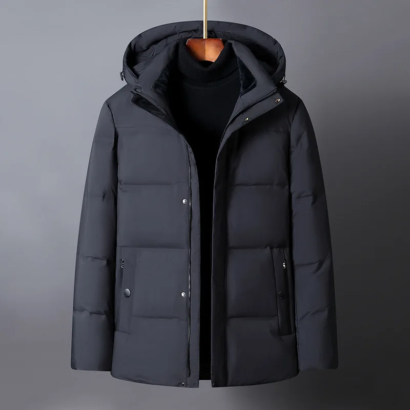 

Thiened down Jaet Hooded Mid-Length Dad Coat Busin Warmth Long Sle Single Button Polyester Fiber Spring Faion