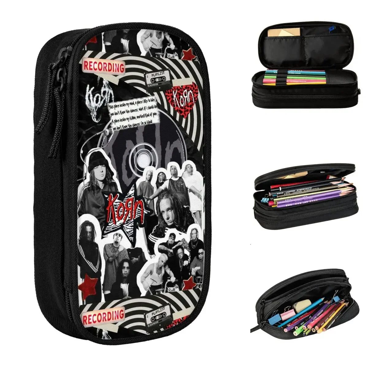 

Korn Collage Pencil Cases Lovely Nu-Metal Rock Pen Bags Student Large Storage Students School Zipper Pencilcases
