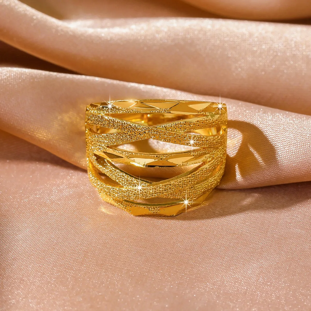 Retro Artistic Retro Stackable Open One Size Ring For Women 24K Gold AU999, high-end texture