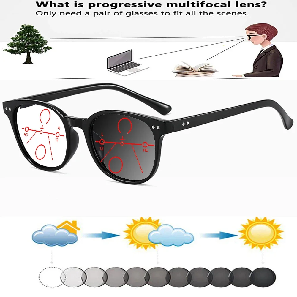 

Black Oversized Round Vintage TR90 Full-rim Comfortable Photochromic Progressive Multifocal Reading Glasses +0.75 To +4