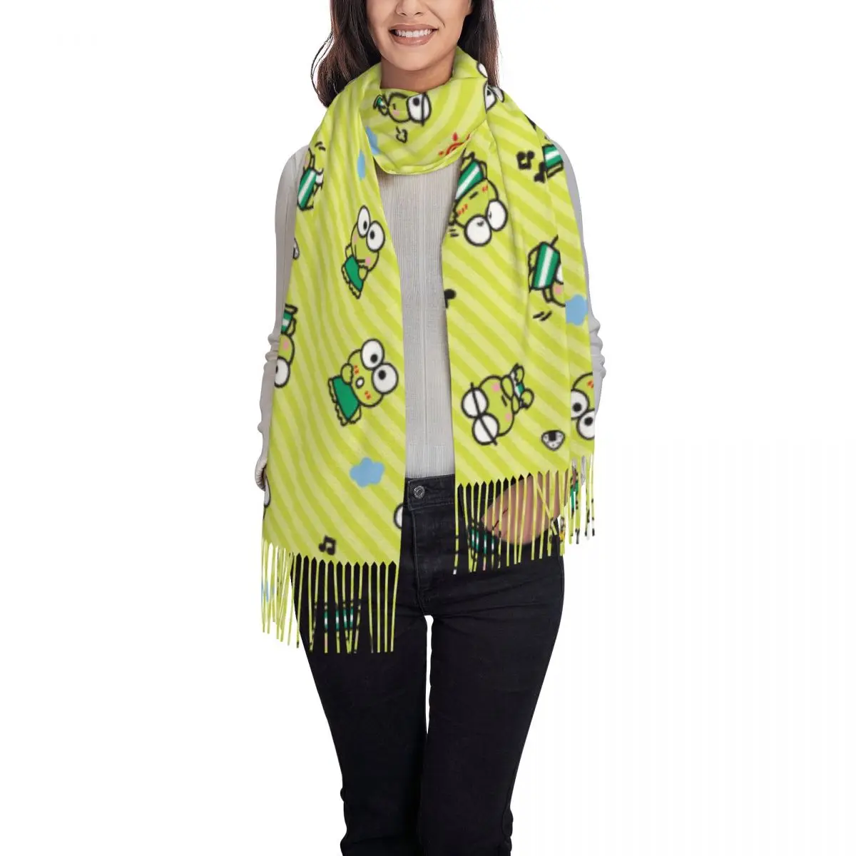 Custom Kerokero Keroppi Cartoon Tassel Scarf Women Soft Shawl Wrap Ladies Winter Fall Scarves