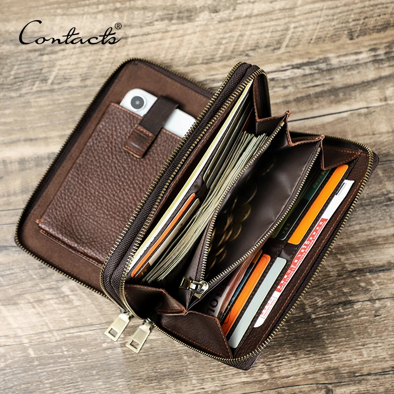 CONTACT\'S Genuine Leather Clutch Bag Men Wallet with Airtag Case Vintage Zipper Wallets Card Holder Male Purse Large Capacity