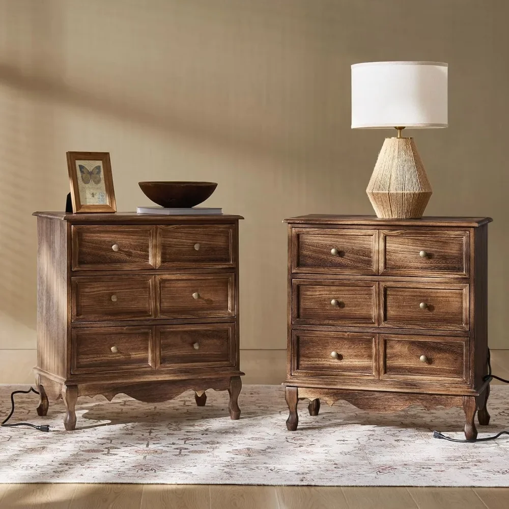 

3-Drawer Nightstand with Charging Station, Drawer Organizer with Wood Legs, Farmhouse Solid Wood Nightstand Set of 2