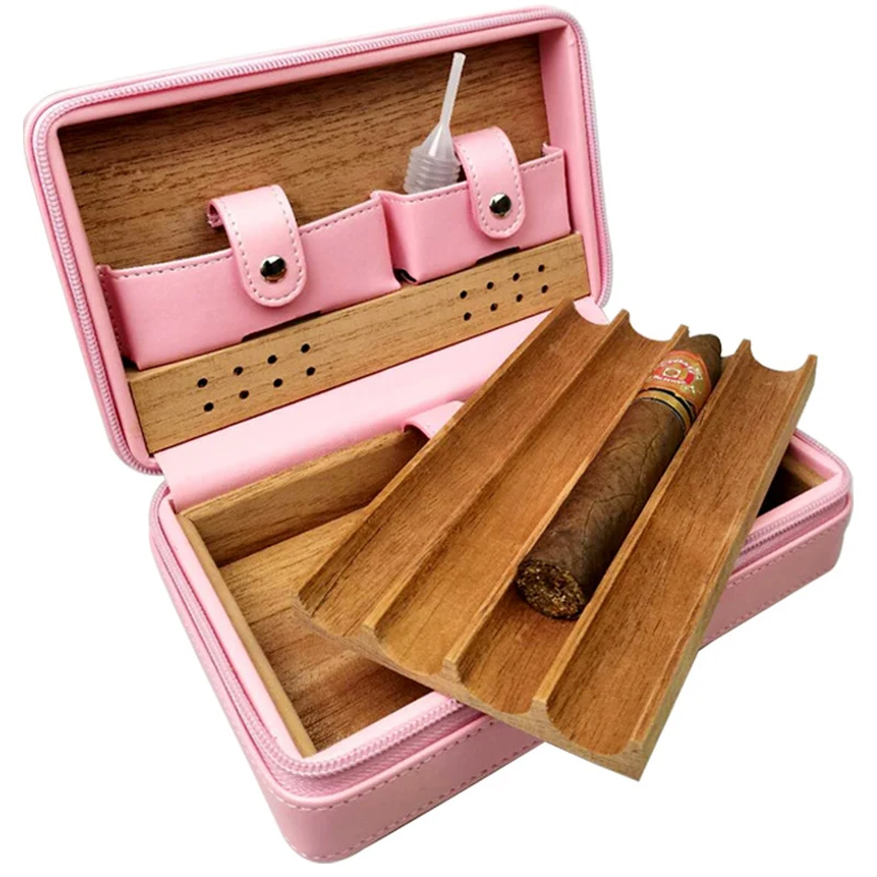 Pink cigar box built-in cedar wood humidor can hold 4pcs large 2.0-2.4 cigar leather wood cigar humidor for cigar accessories