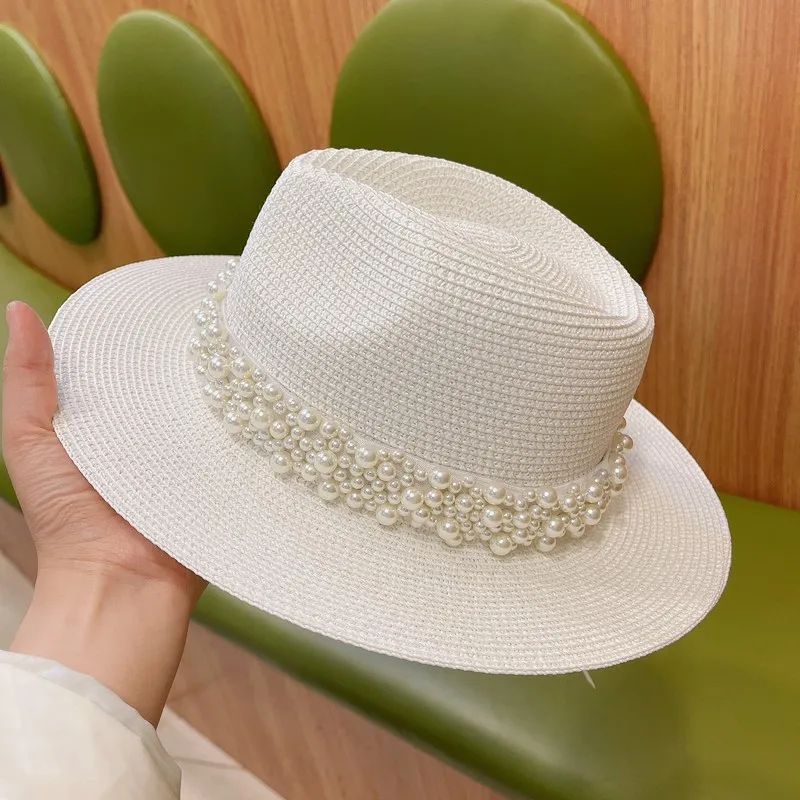 

New Summer Hats For Women White Sun Hat Beach Ladies Fashion Pearl Decoration Panama Lady Casual Sun Hats Paper Straw Hat Fadora