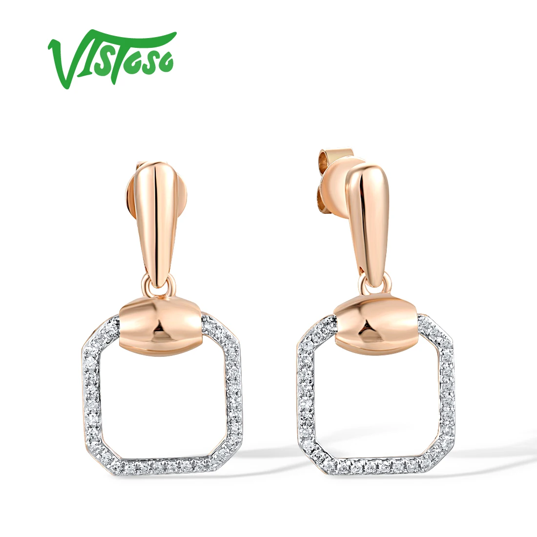 VISTOSO Authentic 14K 585 Rose Gold Stud Earrings For Women Sparkling Diamonds Dangling Simple Square Elegant Party Fine Jewelry