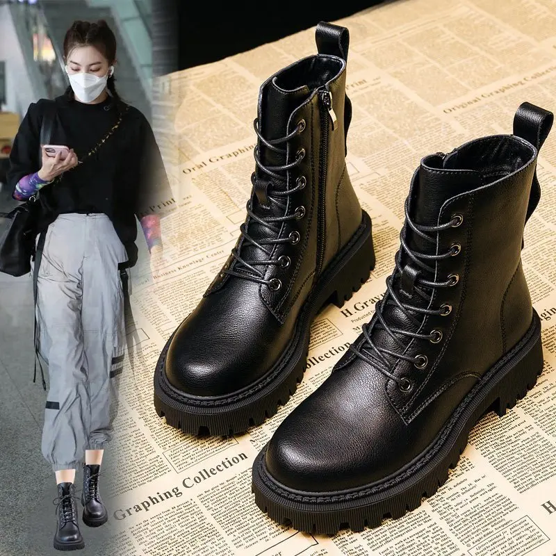 New Women\'s Combat Fall Lace-up Boots Women\'s Shoes Women\'s Fashion Leather Ankle Boots Winter Black Comfort Platform