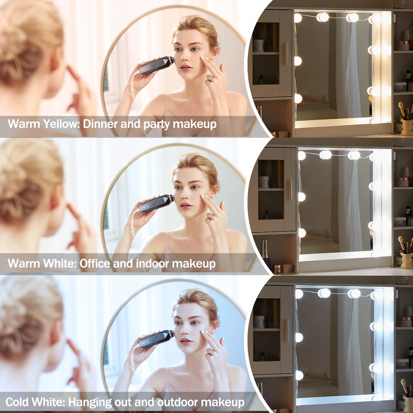 White Modern Vanity Set with Openable 3-Color Lighting Mirror, 5 Drawers & Glass Cabinet, Easy Assembly Bedroom Makeup Desk