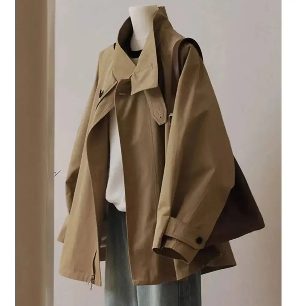 معطف نسائي بياقة مزدوجة الطبقات لخريف 2023 جديد للنساء تصميم متباين الألوان عصري وسترة مع بطانة