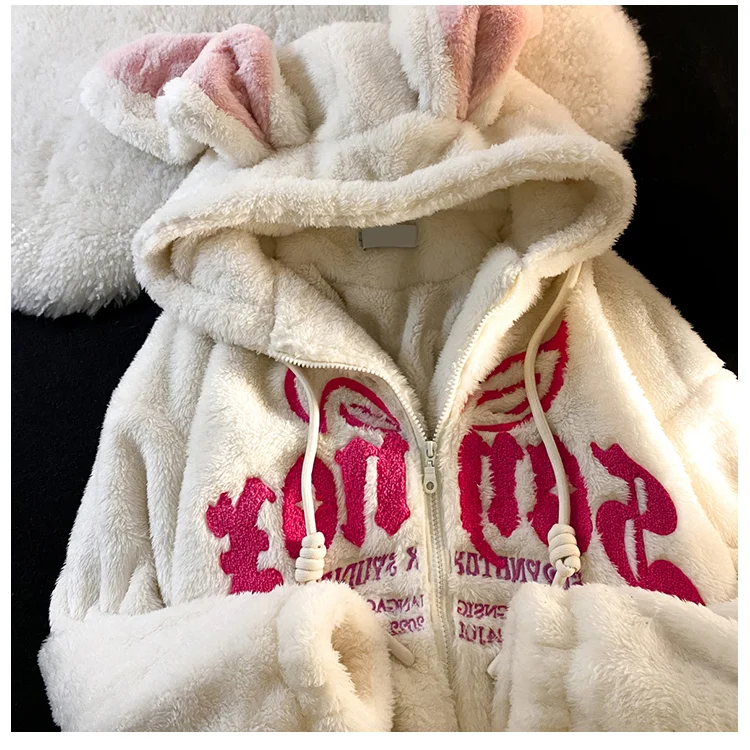 

New Cute Rabbit Big Ear Lamb Wool Sweater Embroidery Hoodies Women Korean Thickened Wooly Zip Up Hoodies Kawaii Goth Y2k Clothes