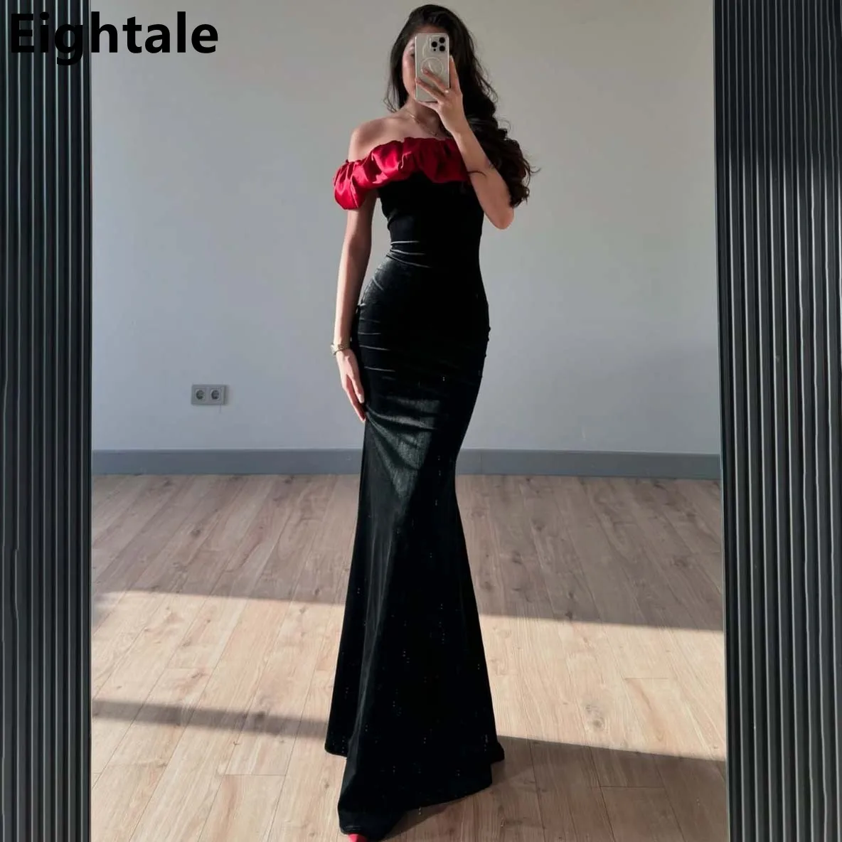 Eightale Floor Length Evening Dresses For Wedding Party Off Shoulder Velour Formal Prom Dress Dubai Party Gown Customized