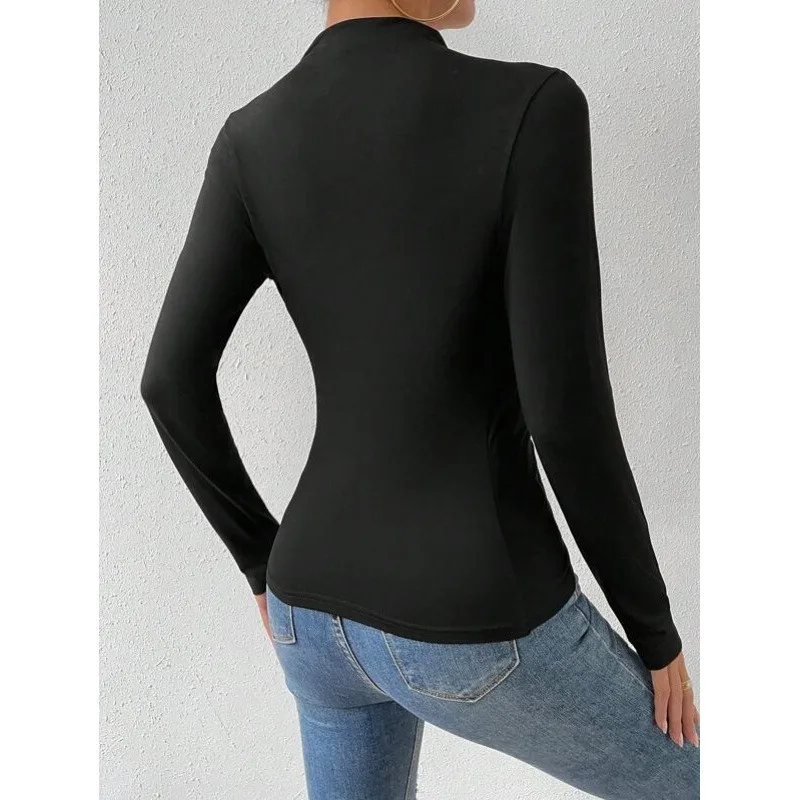 Elegant Women Color Block Asymmetric Neck Long Sleeve Top Draped Slim Fitted Blouse Night Club Party Evening Shirt Casual Outfit