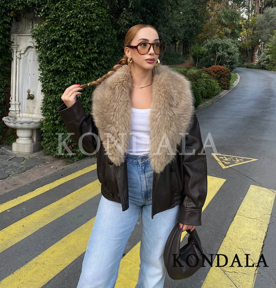 

KONDALA High Street женская кожаная куртка с меховым воротником 2200, осень-зима, модная винтажная куртка, женская куртка из искусственного меха с пуговицами