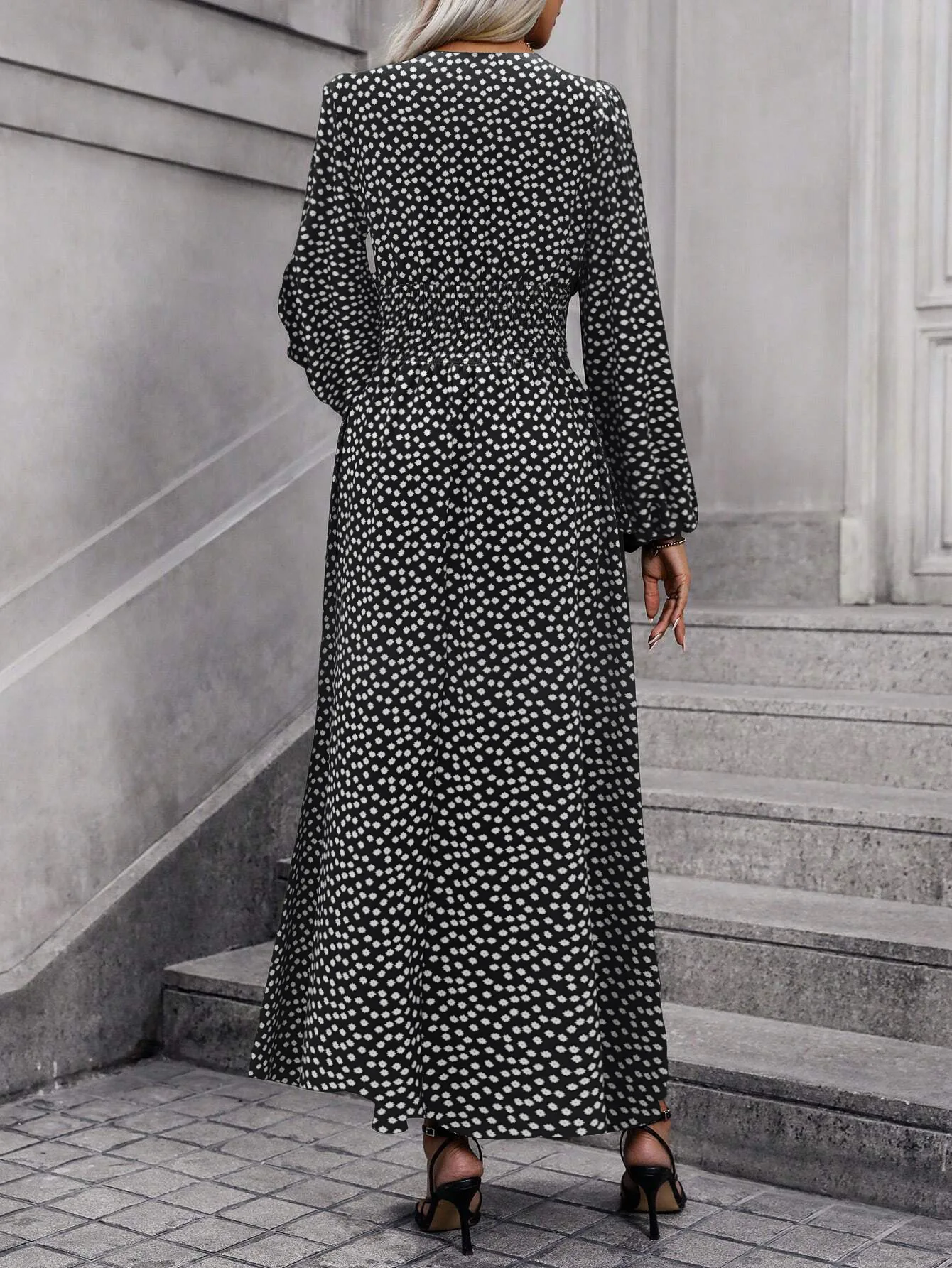 Autumn Winter Lantern Sleeve High Waist Split Dress Women's Fashion Elegant V-neck Long-sleeved Comfortable Casual Dresses