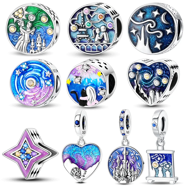 

925 Sterling Silver Romantic Starry Sky Lovers Charms Bead Midnight Pendants Fit Original Bracelet Jewelry DIY Marking Gift