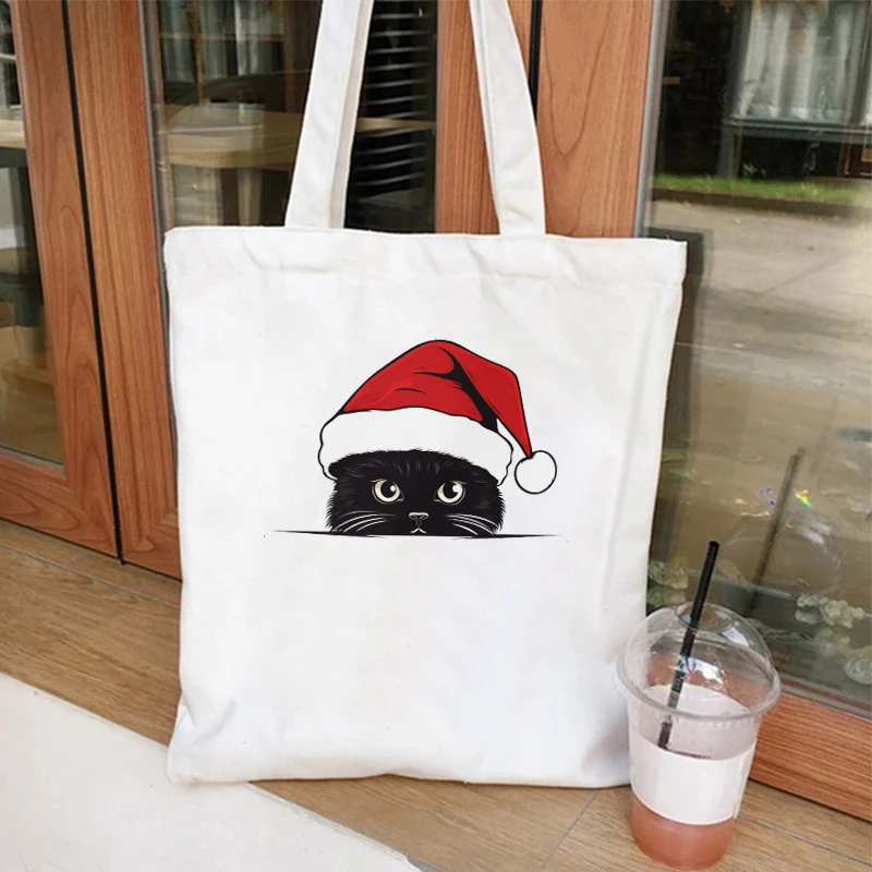 Canvas Women Handbags Christmas Cat Print Tote Bag Shopping Bags Reusable Shoulder Bag for Student Teen Christmas Gift Handbags