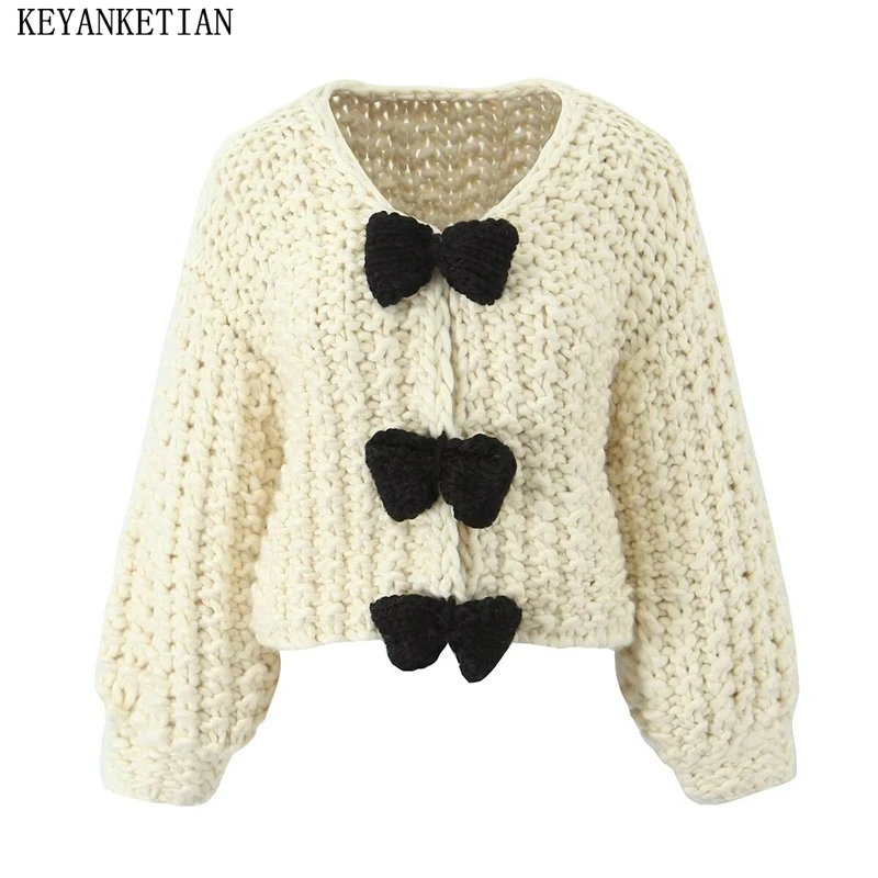 KEYANKETIAN Winter New Women's Coarse Yarn Knit Cardigans Sweet Bow Decoration Covered Button Lantern Sleeve Crop Sweater Top