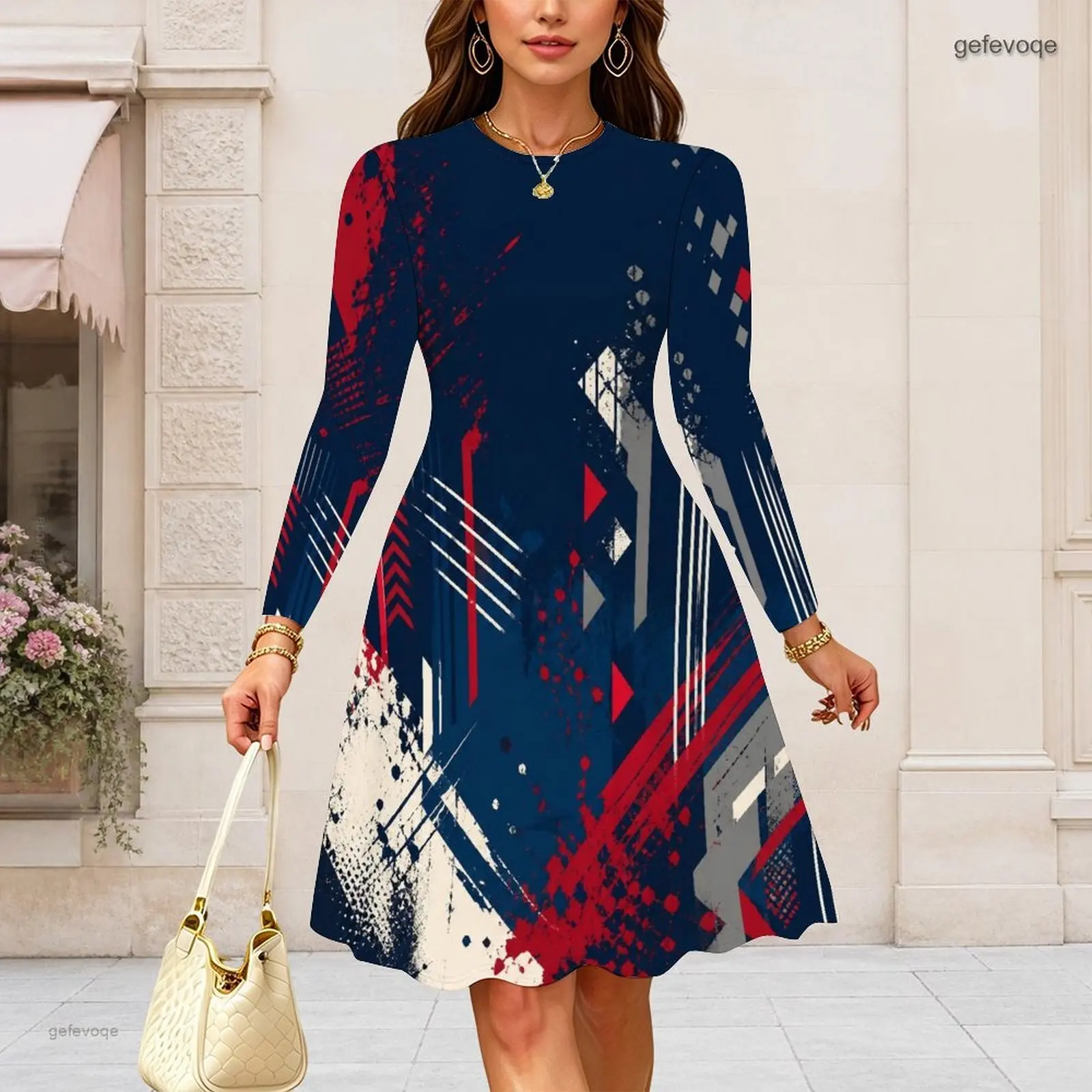 Women Round Neck Long Sleeve Midi Dress Slim Fit Waist A Line Swing Dresses Custom Print Lady Daily Party Dress