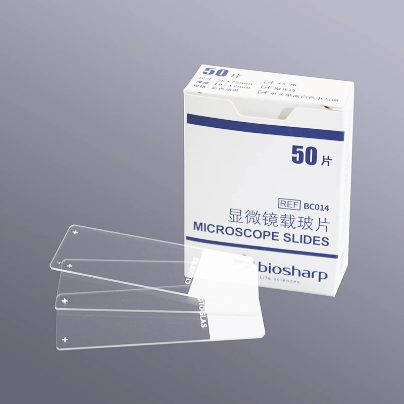 

50pcs Biosharp microscope slides, Size 25*75mm, Model BC014, Thickness 1.0-1.2mm, Polished edge, Laboratory glass slides