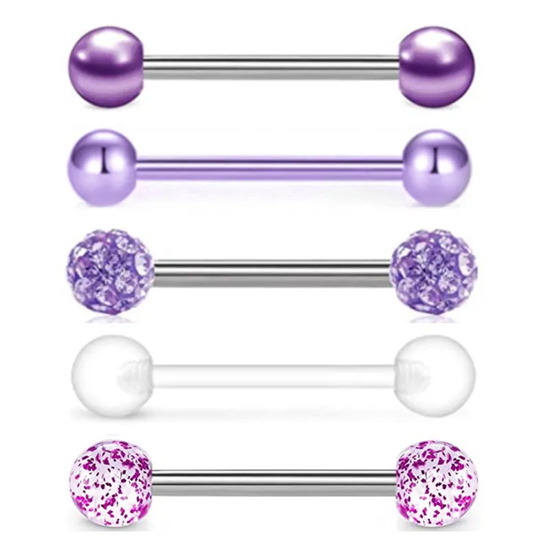 5PCS Glitter Tongue Piercing Set Stainless Steel Pearl Tongue Barbell Lot Nipple Ring Bulk Mix Tongue Ring Pack Piercing Lengua