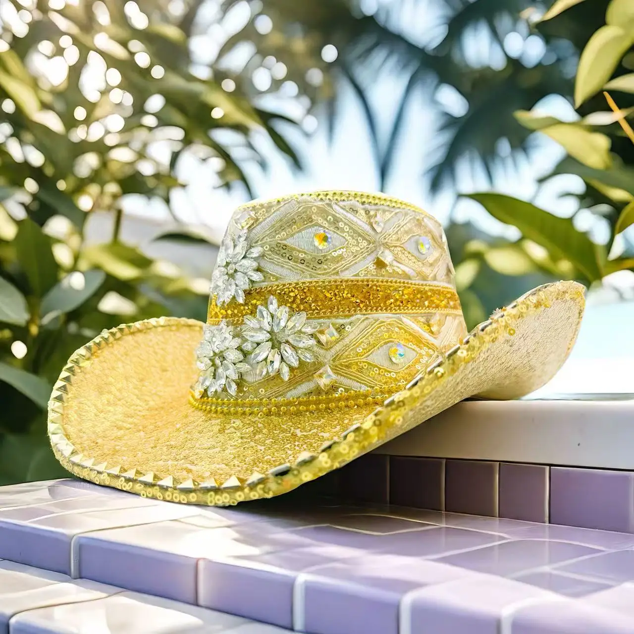 Hongluan glitter traje chapéu adulto & cowboy chapéus strass para mulher, cowboy cosplay acessórios femininos & cowgirl boné