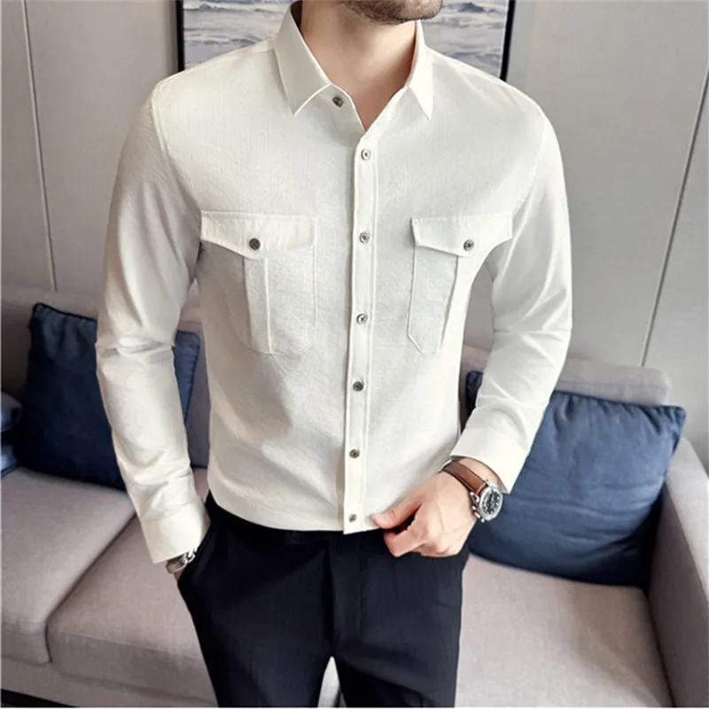 

High Quality Men's Long Sleeve Shirts Solid Color Minimalist Style Slim Fit Smart Casual Shirt Men Fashion Pocket Blouse Man